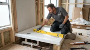 A plumber carefully positioning a shower tray for wet room installation onto the subfloor.