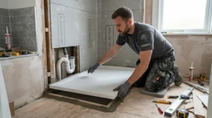 An affordable shower tray under £150 being fitted during a home bathroom renovation project