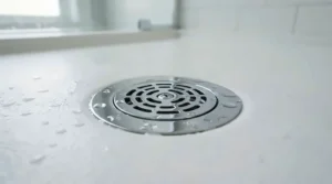 A contemporary low-profile shower tray under £150 with a modern chrome waste grate
