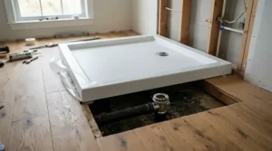 A cost-effective shower tray under £150 unwrapped and ready for plumbing installation