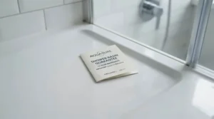 A high-value shower tray under £150 shown alongside its product warranty documentation