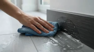 Wiping down the easy-clean coating on a slimline vs stone resin shower tray.