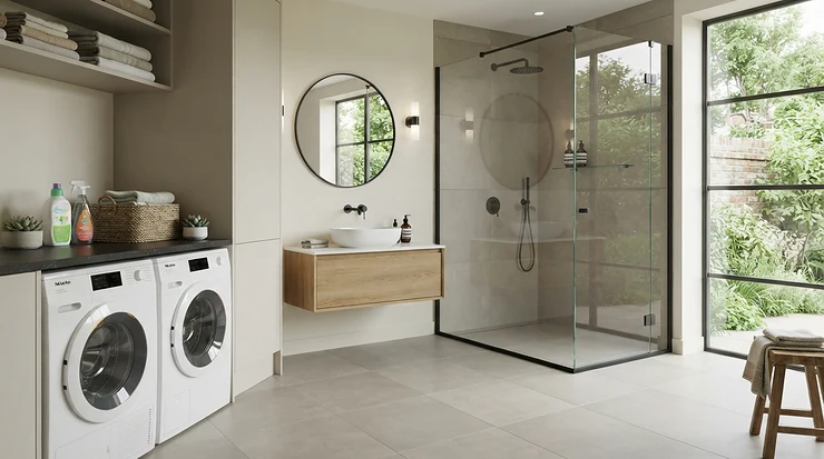 A minimalist floor level fitting featuring a slimline vs stone resin shower tray layout.