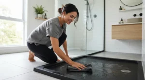 Wiping down a low profile basin in a stone resin shower tray review cleaning demonstration