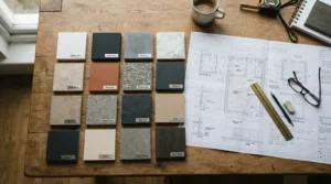 Various colour samples shown in a stone resin shower tray review including white and slate grey