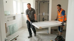 A plumber lifting a heavy stone resin shower tray review setup during a bathroom renovation