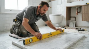 A builder using a spirit level during a stone resin shower tray review installation process