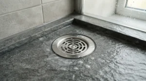 Close-up detail shot from a stone resin shower tray review showing robust composite material thickness