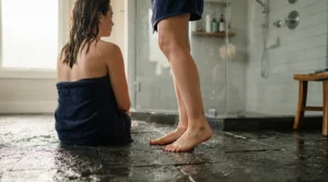 Bare feet standing on a slate effect stone resin shower tray review featuring anti-slip texture
