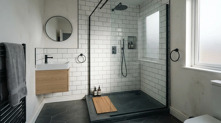 Contemporary grey anti-slip shower tray installed in a minimalist en-suite