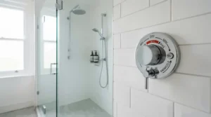 A family bathroom featuring a safe thermostatic concealed shower valve on a marble-effect wall.