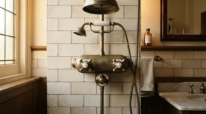 An exposed bar thermostatic shower valve installed in a classic period apartment