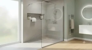 Walk-in frameless glass shower screen with minimalist chrome fixings in a wet room