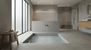 Modern white stone resin slimline shower tray installed flush with the bathroom floor