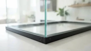 Contemporary bi-fold shower door enclosure paired with a slimline white stone resin tray