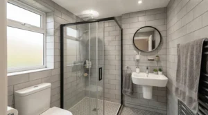 An 8.5kW electric shower neatly mounted on a tiled wall in a compact British bathroom