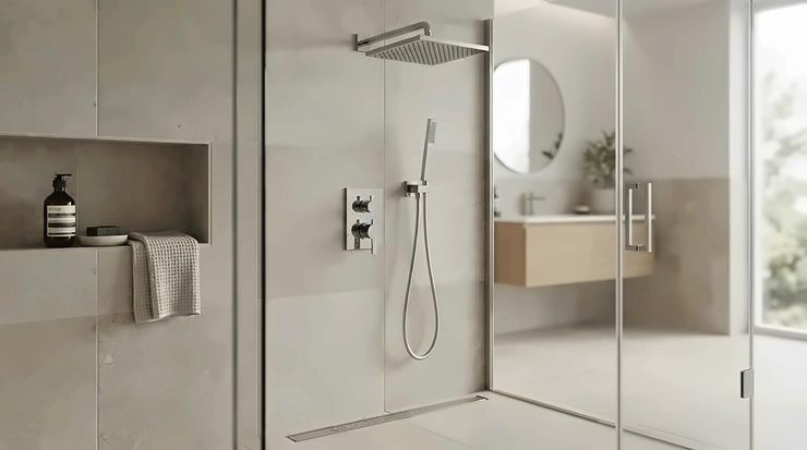 A sleek 9.5kW electric shower mounted on tiled walls in a bright, modern family bathroom.