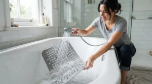 Cleaning an anti-mould non-slip shower mat in a white bathtub