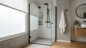 Space-saving electric shower for combi boiler fitted inside a small urban apartment bathroom