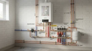 Plumbing diagram demonstrating combi boiler compatibility with an electric shower setup