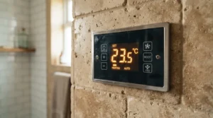 Close-up of a digital electric shower for combi boiler showing precise temperature controls