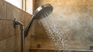 Steaming powerful spray from a 10.5kW electric shower providing a luxury power boost experience