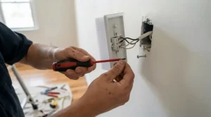 An electrician safely wiring and fitting a new 8.5kW electric shower on the wall