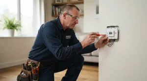 An electrician safely installing and wiring a new 9.5kW electric shower in a home.