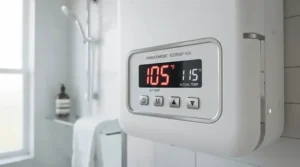 Close-up of push-button controls and digital display on a premium 10.5kW electric shower