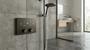 Matte black exposed shower valve featured in a contemporary minimalist wet room