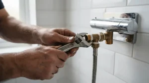 DIY plumbing installation of an exposed shower valve using a spanner on copper pipework