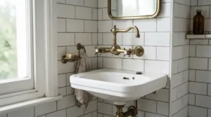 An exposed shower valve fitted in a traditional period bathroom with heritage white tiles