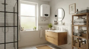 Busy family bathroom featuring a reliable 9.5kW electric shower for daily use.