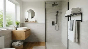 Busy family home bathroom scene utilizing a reliable 10.5kW electric shower for daily routines