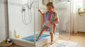 Child stepping safely onto a non-slip shower mat inside a family bathroom
