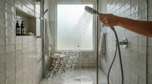 Water running from the handset of an 8.5kW electric shower during everyday family use