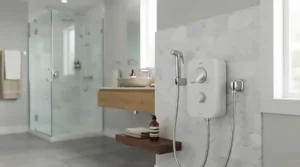 Luxurious high flow rate delivered by a modern white and chrome 10.5kW electric shower