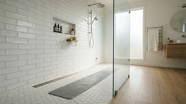 A large rectangular non-slip shower mat fitted inside a spacious walk-in shower