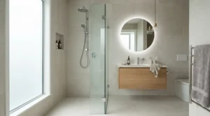 Newly renovated family bathroom featuring a stylish 10.5kW electric shower unit