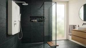 A stylish white 8.5kW electric shower installed in a modern upstairs en-suite