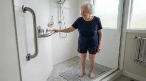 Elderly person using a non-slip shower mat for stability in the shower