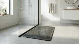A grey non-slip shower mat laid out on a tiled wet room floor
