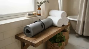 A rolled-up non-slip shower mat stored neatly in a bathroom cabinet