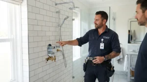 Plumber explaining the difference in a thermostatic vs manual shower valve during a bathroom renovation