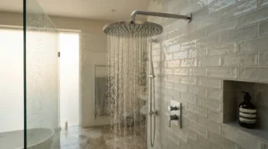 Luxury mixer shower featuring a thermostatic vs manual shower valve configuration with a large head