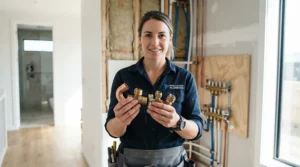 Homeowner holding plumbing parts while deciding on a thermostatic vs manual shower valve setup