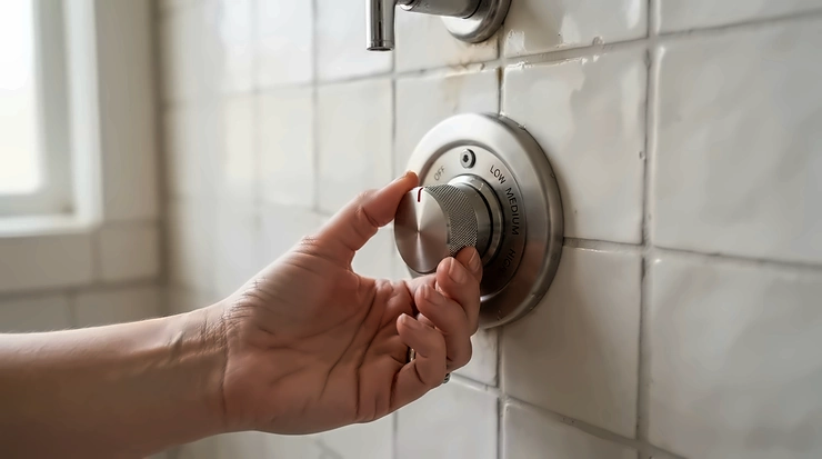 Close-up of dials comparing a thermostatic vs manual shower valve mechanism in a modern home