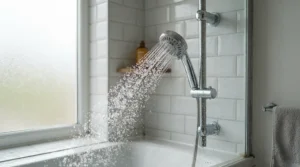 Water flowing from a handset on a riser rail highlighting a thermostatic vs manual shower valve setup