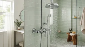 Retro-styled exposed shower valve with rigid riser rail in a classic family bathroom