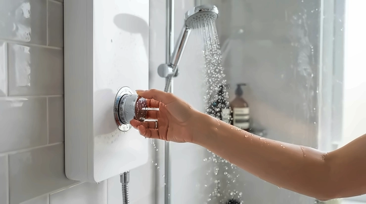 Thermostatic dials on a 10.5kW electric shower maintaining comfortable heat during freezing winter months